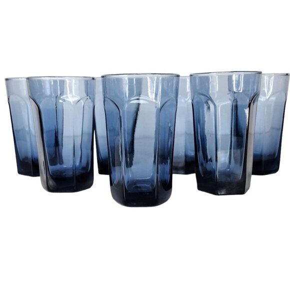 Vintage MCM Achor Hocking Courtney Smokey Blue Glass Tumblers Set of Six HTF
